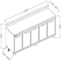 Comptoirs de bar réfrigérés T N moteur à distance avec 5 portes et dosseret - 2500x630x1162 mm - BBSR25X