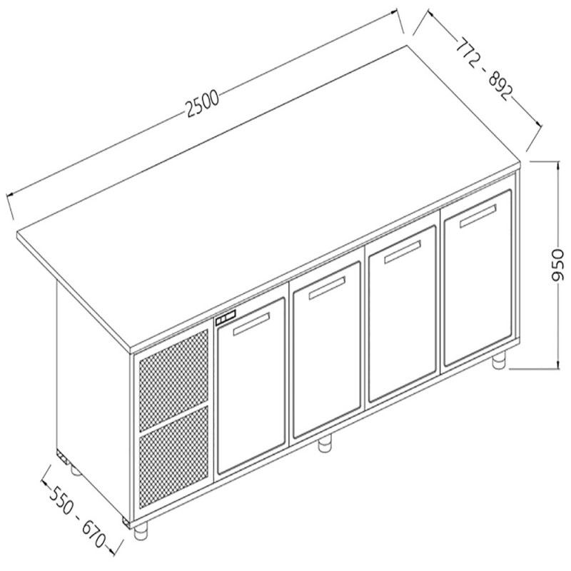 Comptoirs de bar réfrigérés T N avec 4 portes et moteur section caisse - 2500x550x950 mm - BCS25X/5