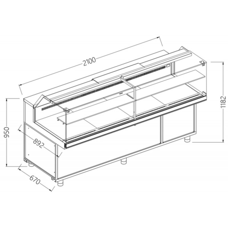 Comptoir vitrine neutre x boulangerie EN & GN, vitre basse dim. 2100x890xh1180