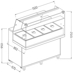 Comptoir vitrine chauffante ""bain marie"" 4x GN, vitre haute, statique, sans réserve