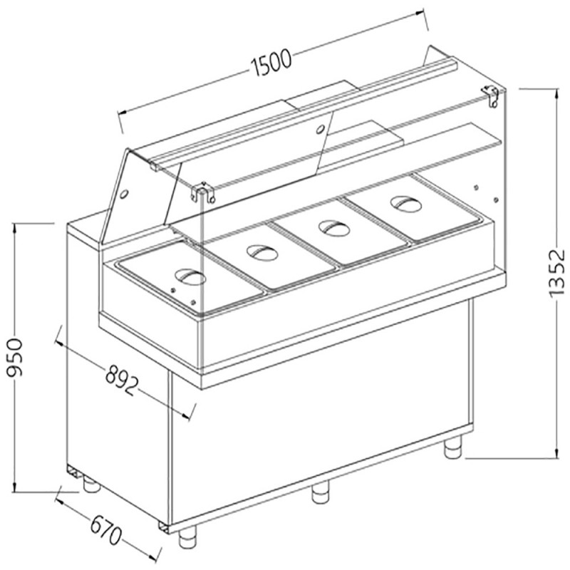 Comptoir vitrine chauffante ""bain marie"" 4x GN, vitre haute, statique, sans réserve