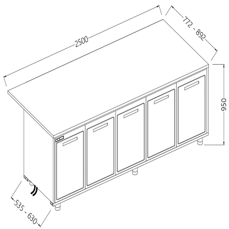 Comptoirs de bar réfrigérés T N avec 5 portes et moteur à distance section caisse - 2500x630x950 mm