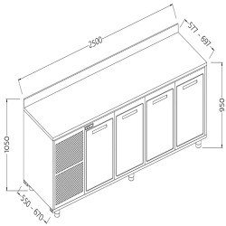 Meuble arrière neutre avec 4 portes et dosseret - 2500x550x1050 mm - NLS25X/5