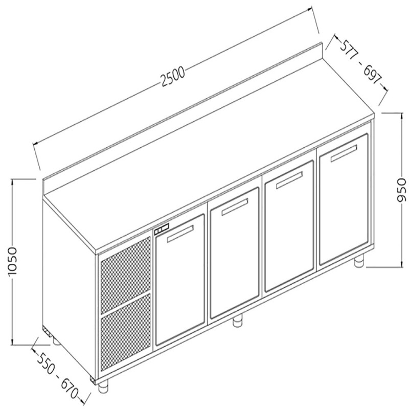 Meuble arrière neutre avec 4 portes et dosseret - 2500x550x1050 mm - NLS25X/5