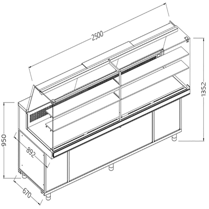 Vitrines réfrigérées statiques pour les snacks vitres hautes groupe à distance - 2500x892x1382 mm