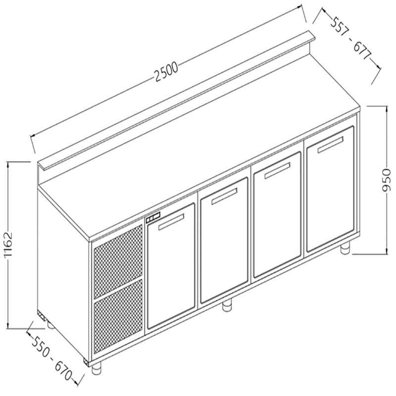 Comptoirs de bar réfrigérés T N avec 4 portes et moteur predisposition pour tablette service - 2500x670x1162