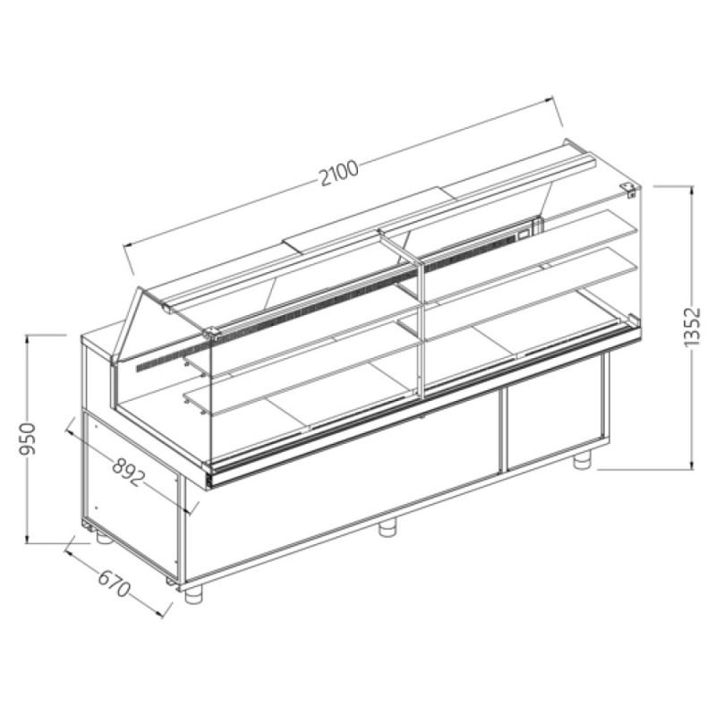 Comptoir vitrine neutre x boulangerie EN & GN, vitre haute dim. 2100x890xh1350