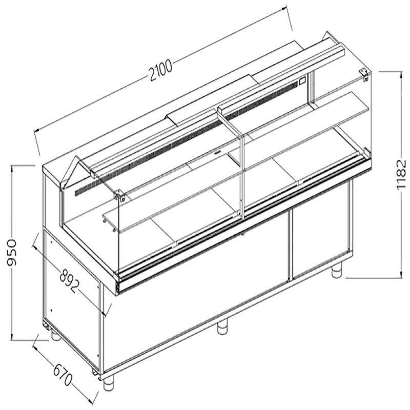 Comptoir vitrine en et gn, vitre basse, ventilée Metrika Line dimension : 2100x890xh1182