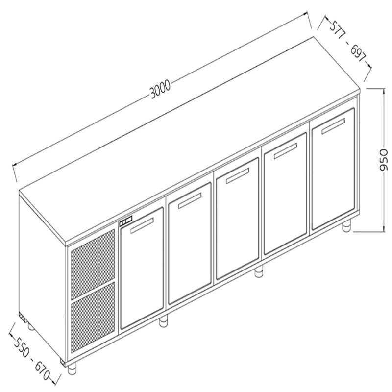 Arrière-comptoirs réfrigérés T N avec moteur sans dosseret - 3000x550x950 mm - NNS30X/5