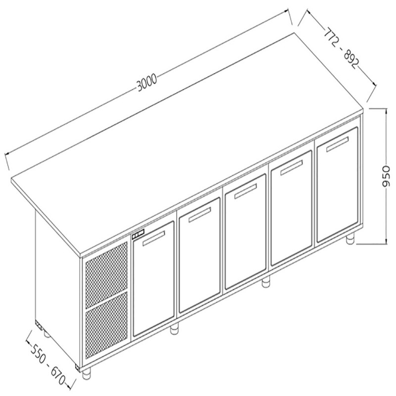 Comptoirs de bar réfrigérés T N avec 5 portes et moteur section caisse - 3000x550x950 mm - BCS30X/5