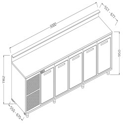 Comptoirs de bar réfrigérés T N avec 5 portes et moteur predisposition  - 3000x670x1162 mm