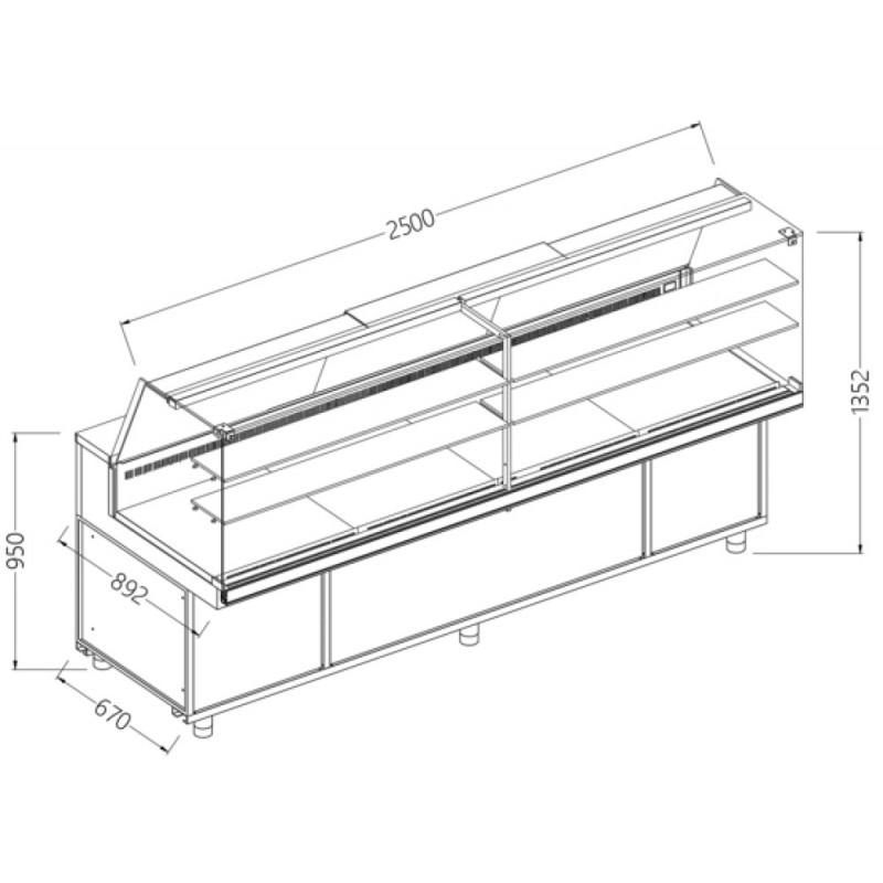 Comptoir vitrine neutre x boulangerie EN & GN, vitre haute dim. 2500x890xh1350