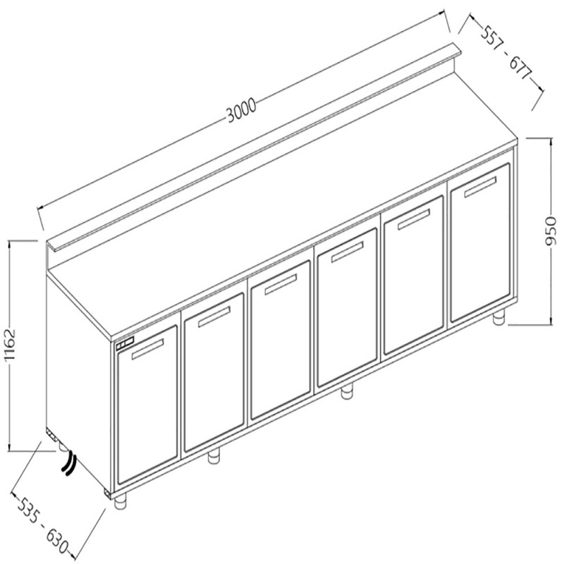 Comptoirs de bar réfrigérés T N moteur à distance avec 6 portes et dosseret - 3000x630x1162 mm