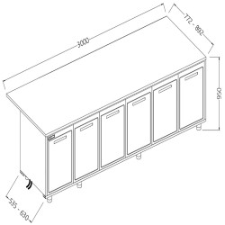 Comptoirs de bar réfrigérés T N avec 6 portes et moteur à distance section caisse - 3000x630x950 mm