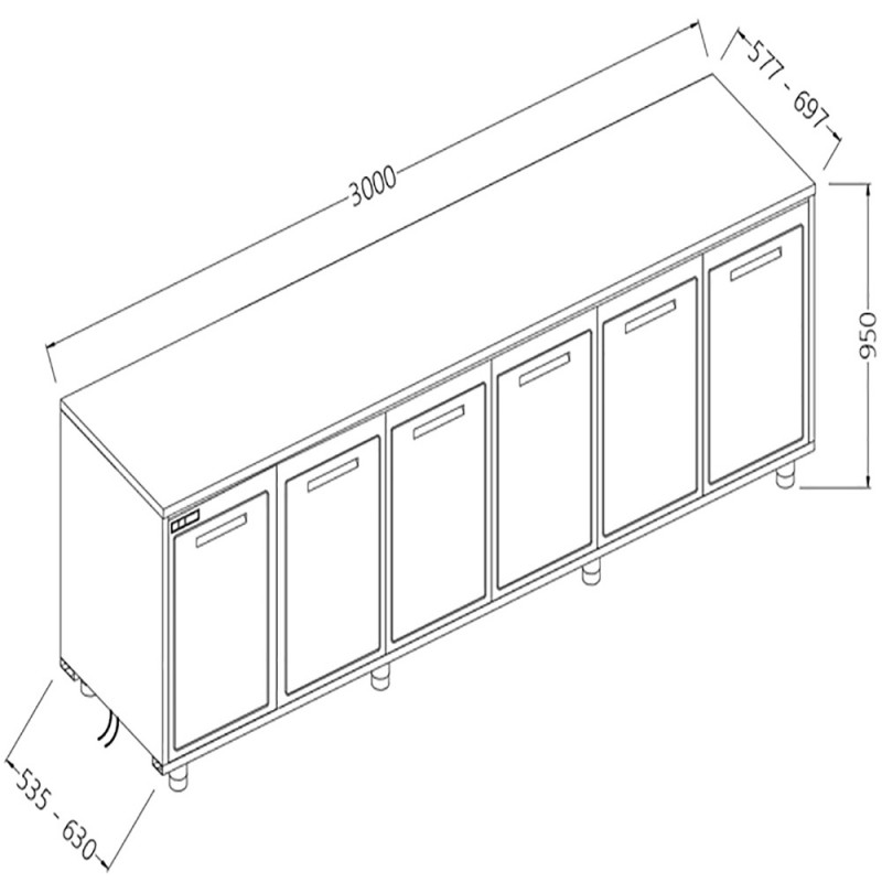 Arrière-comptoirs réfrigérés T N moteur à distance sans dosseret - 3000x535x950 mm - NNVR30X/5