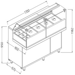 Vitrine snack saladette vitres basses groupe à distance - 1700x892x1182 mm