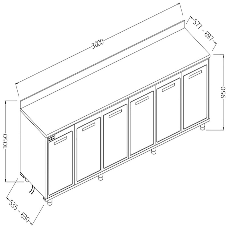 Arrière-comptoirs réfrigérés T N moteur à distance avec dosseret - 3000x535x1050 mm - NLVR30X/5