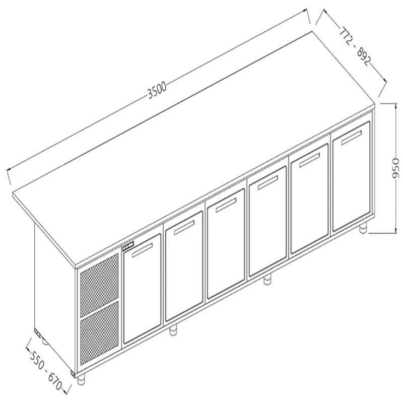 Comptoirs de bar réfrigérés T N avec 6 portes et moteur section caisse - 3500x550x950 mm - BCS35X/5