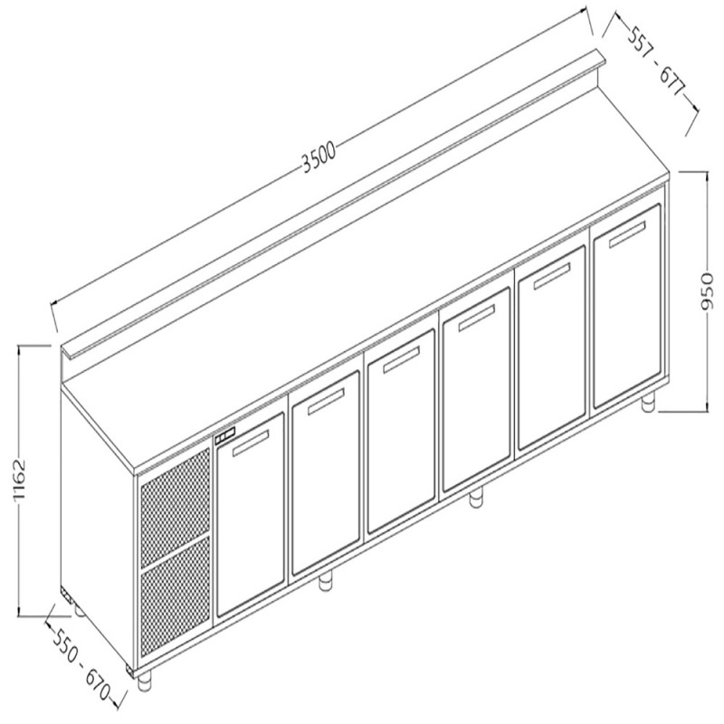 Comptoirs de bar réfrigérés T N avec 6 portes et moteur predisposition - 3500x550x1162 mm