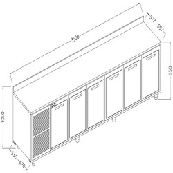 Meuble arrière neutre avec 6 portes et dosseret - 3500x550x1050 mm - NLS35X/5