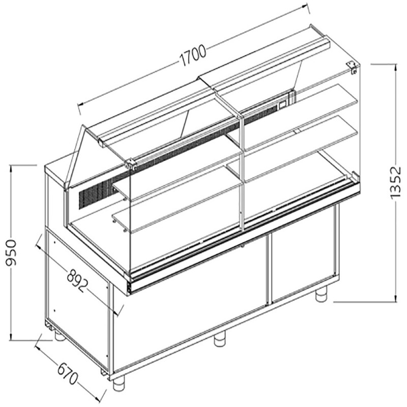 Vitrines réfrigérées statiques pour les snacks vitres hautes groupe à distance avec réserve - 1700x892x1382 mm