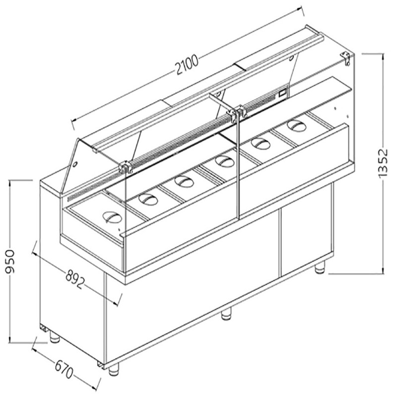 Vitrine snack saladette vitres hautes groupe à distance - 2100x892x1382 mm