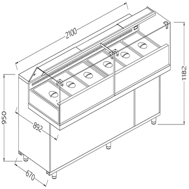 Vitrine snack saladette vitres basses avec groupe - 2100x892x1182 mm