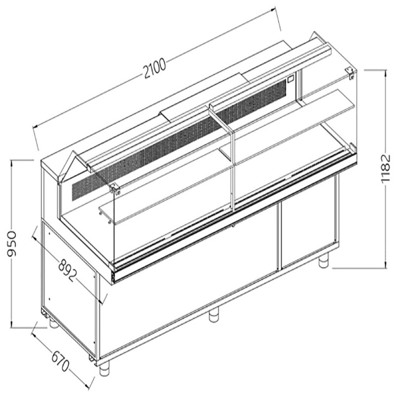 Vitrines réfrigérées statiques pour les snacks vitres basses groupe à distance avec réserve - 2100x892x1182 mm