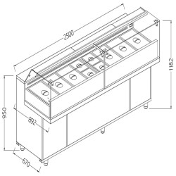 Vitrine snack saladette vitres basses groupe à distance - 2500x892x1182 mm