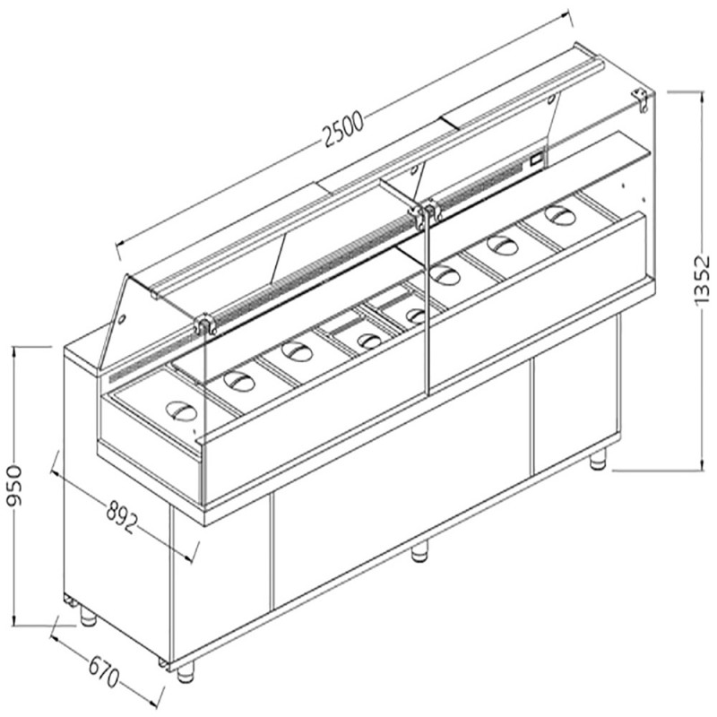 Vitrine snack saladette vitres hautes groupe à distance - 2500x892x1382 mm