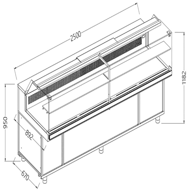 Vitrines réfrigérées statiques pour les snacks vitres basses groupe à distance avec réserve - 2500x892x1182 mm - SB25XR/R2