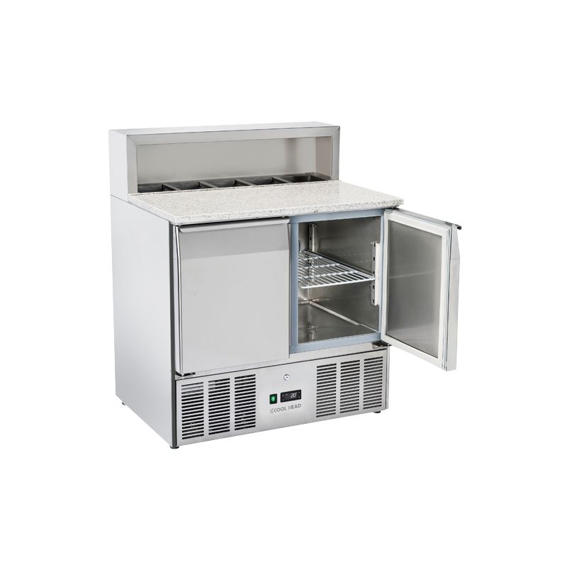 Saladette réfrigérée 2 portes inox GN1/1 dessus pour pizza + 5 contenants GN1/6 265L