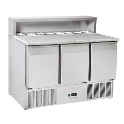 Saladette réfrigérée 3 portes inox GN1/1 dessus pour pizza + 8 contenants GN1/6 416 L