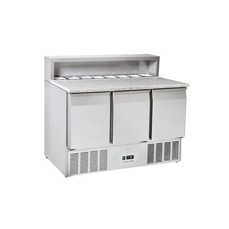 Saladette réfrigérée 3 portes inox GN1/1 dessus pour pizza + 8 contenants GN1/6 416 L