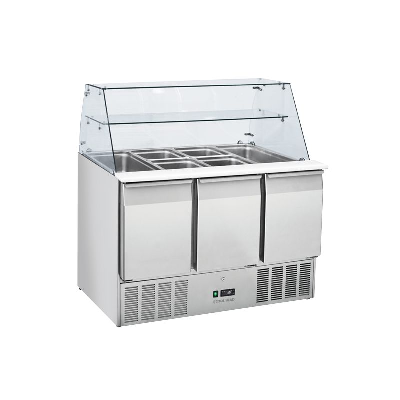 Saladette réfrigérée ouverte 3 portes inox GN1/1 verre trempé incurvé 364 L