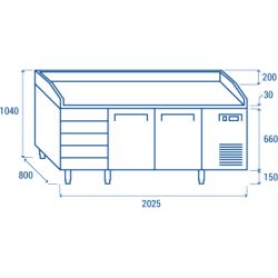 Meuble à pizza 600x400 2 portes + 5 tiroirs spécial pizza inox 430L