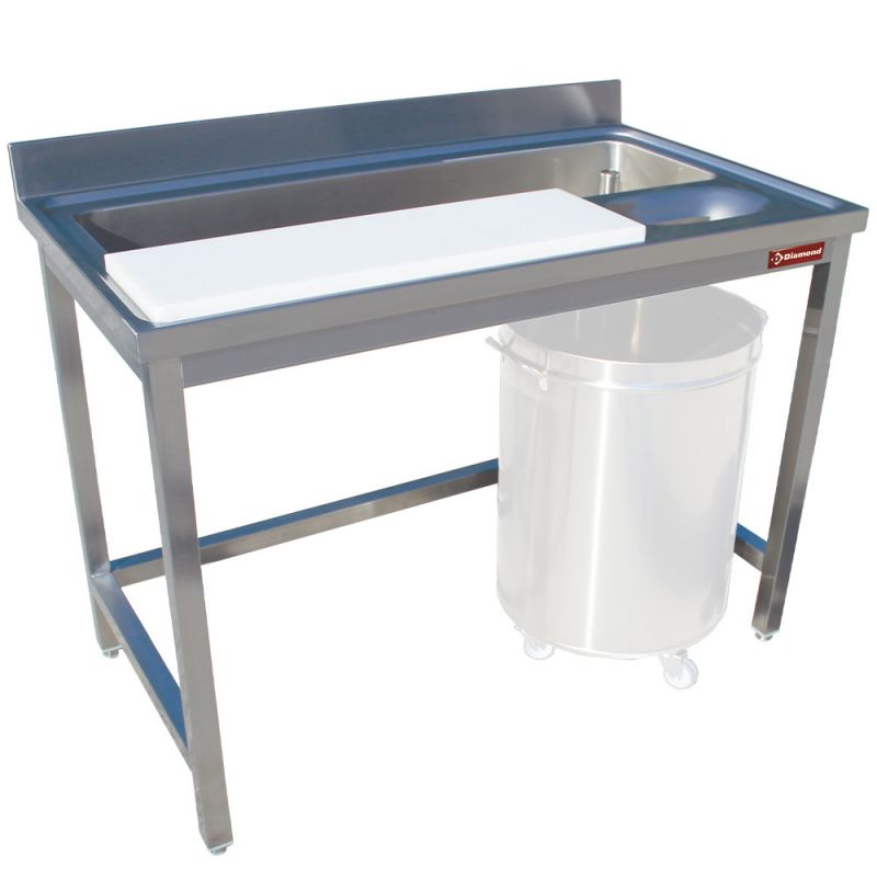 Table de préparation et lavage de légumes murale en acier inoxydable avec cuve et tablette de découpe